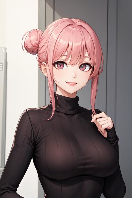 05882-3502662880-masterpiece, best quality, absurdres, perfect anatomy, 1girl, solo, pink hair, hair bun, turtleneck sweater, upper body, large b.png